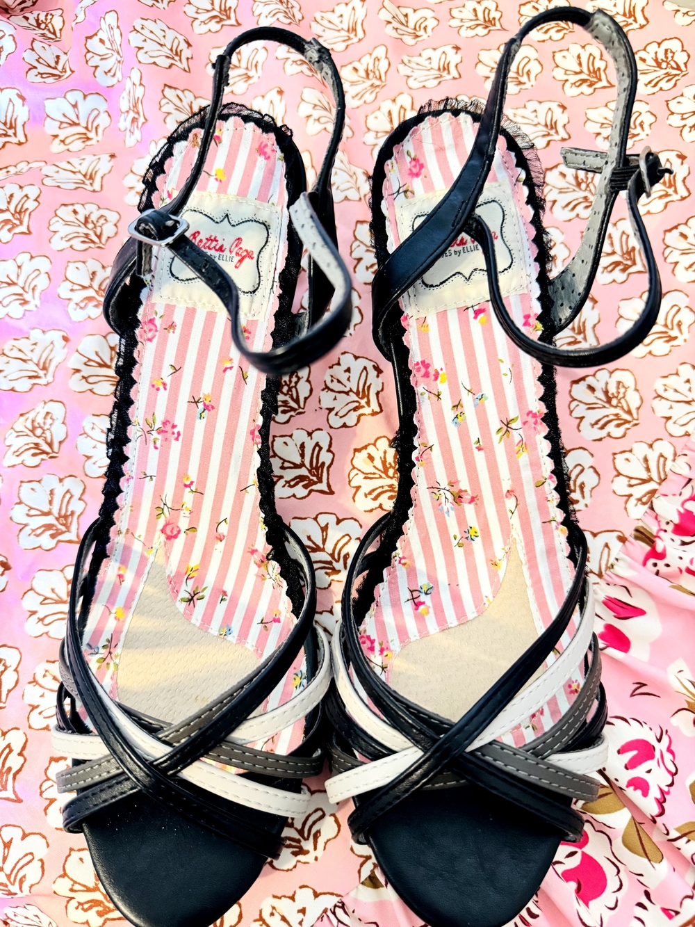Bettie Page Black and White Strappy Floral-Insole Slingback Heels